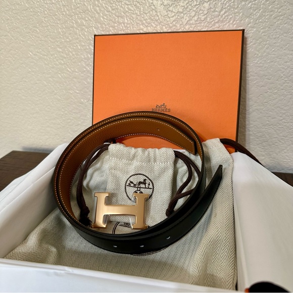 Hermes Accessories - Hermes H Belt 32 mm Black & Gold Leather, Rose Gold Hardware, 80 cm, Giftable